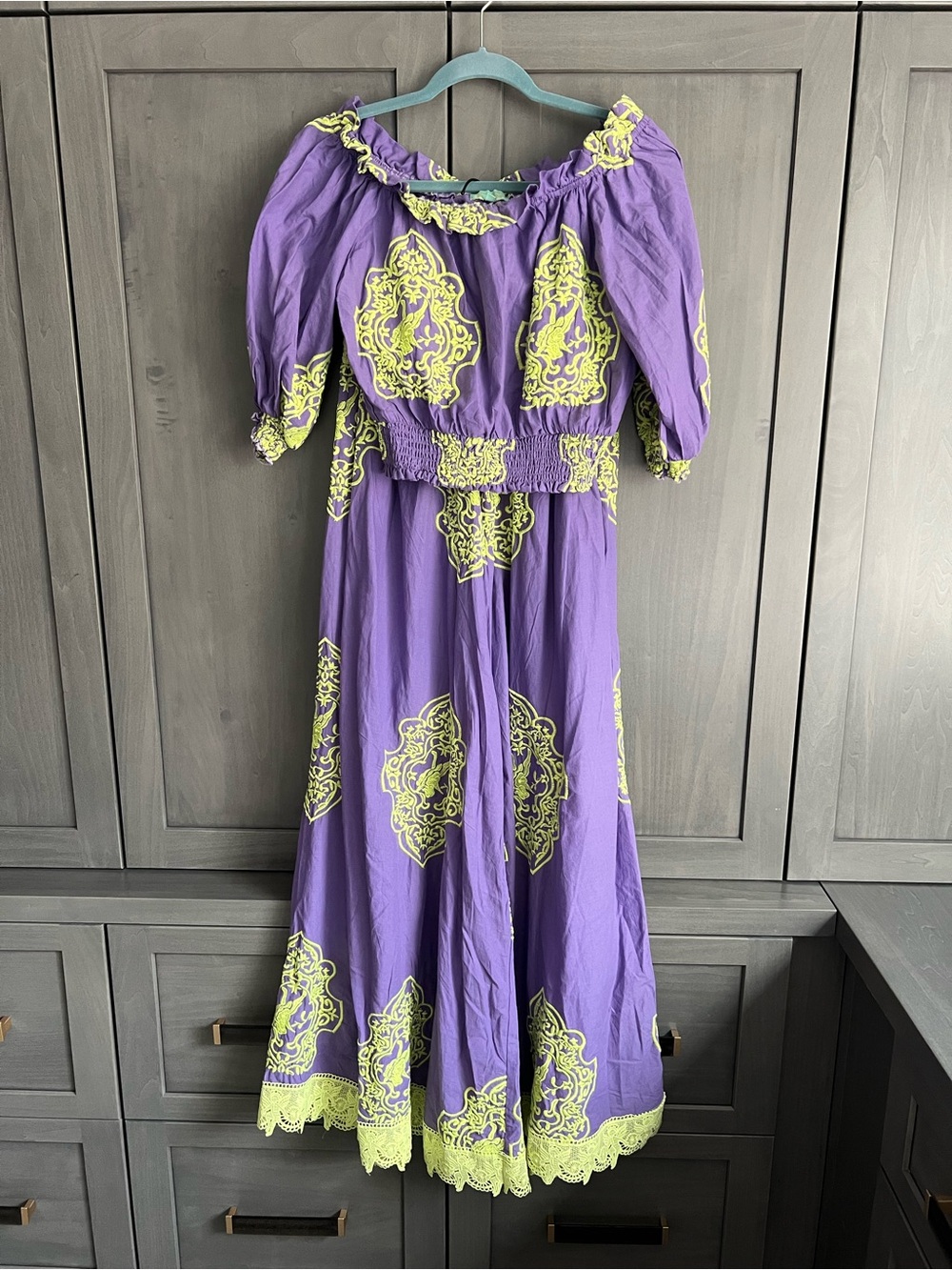 Antica Santoria Purple & Lime Off-Shoulder Cropped Top Wide Legs Pants Sets